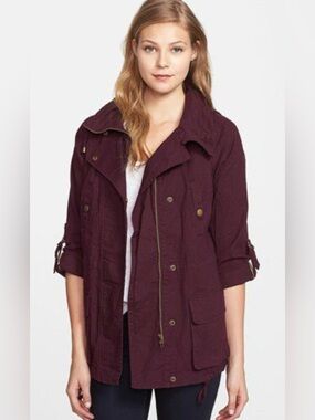 Willow & Clay Plum Utility Jacket with High Collar and retractable hood